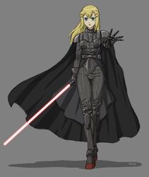  blonde_hair cape commentary cosplay crossover darth_vader darth_vader_(cosplay) energy_sword english_commentary female green_eyes gundam gundam_00 james_chung lightsaber louise_halevy no_headwear parody prosthesis prosthetic_arm prosthetic_leg sith solo star_wars sword weapon 