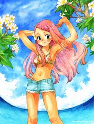  arms_up bare_arms bikini blush branch cutoff_jeans cutoffs day denim denim_shorts female final_fantasy final_fantasy_tactics_advance flower green_eyes long_hair pink_hair ritz_malheur saikachi_(ogre_tree) shorts solo swimsuit 