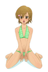  1boy :o barefoot bikini brown_eyes brown_hair chestnut_mouth green_bikini hair_ornament hairclip lowleg lowleg_bikini mako-chan_(minami-ke) makoto_(minami-ke) male_focus midriff minami-ke open_mouth otoko_no_ko photoshop_(medium) scotch_(blaze) short_hair solo sports_bikini striped_bikini striped_clothes swimsuit 