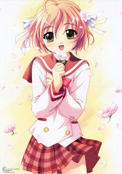  :d ahoge blush copyright_name female flower game_cg hair_flower hair_ornament hair_ribbon hatsukoi holding holding_flower looking_at_viewer nonohara_miki open_mouth photoshop_(medium) pink_hair plaid plaid_skirt ribbon sakurai_komomo scan school_uniform serafuku short_hair skirt smile solo yellow_eyes 