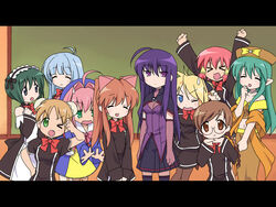  &gt;_&lt; 6+girls aloe_(quiz_magic_academy) blonde_hair blue_eyes blue_hair brown_eyes brown_hair clala closed_eyes everyone green_eyes green_hair highres hiiragi_kagami hiiragi_tsukasa iwasaki_minami izumi_konata kobayakawa_yutaka kusakabe_misao letterboxed light_blue_hair light_brown_hair long_hair lucky_star lydia_(quiz_magic_academy) malariya marron_(quiz_magic_academy) minegishi_ayano motteke!_serafuku multiple_girls pantyhose parody patricia_martin pink_hair purple_eyes purple_hair quiz_magic_academy riel ruquia sakura_misaki_(sakura_densetsu) satsuki_(quiz_magic_academy) shalon short_hair style_parody takara_miyuki tamura_hiyori thighhighs yang_yang 