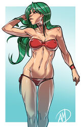  bikini choker cleavage ganassa green_eyes green_hair guardian_heroes long_hair navel pose scar serena_corsair simple_background solo swimsuit wristband 