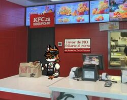  ambiguous_gender canid canine chen_(foxchen) chicken_meat clothing delivery_(commerce) delivery_employee english_text food fox foxchen kfc kfc_bucket male mammal meat size_difference solo spanish_text text uniform work working 