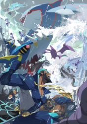  3girls 4boys anchor_necklace archie_(pokemon) bandana beard black_hair bodysuit clenched_hand cliff crobat dark-skinned_female dark-skinned_male dark_skin diving_suit e_volution facial_hair jewelry kyogre long_hair looking_up matt_(pokemon) mega_pokemon mega_sharpedo mightyena muk multicolored_hair multiple_boys multiple_girls muscular muscular_male necklace open_mouth pokemon pokemon_(creature) pokemon_oras rain sharpedo shelly_(pokemon) shirt short_hair smile standing striped_clothes striped_shirt team_aqua team_aqua_grunt team_aqua_uniform teeth tongue two-tone_hair water waves wetsuit 