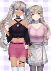  2girls bare_shoulders belt black_belt blouse blue_eyes boots breasts brown_eyes brown_hair choker cleavage cowboy_shot dark-skinned_female dark_skin earrings grey_hair grey_legwear grey_skirt grin gyaru hair_ornament hat highres holding_hands jewelry large_breasts light_brown_hair long_hair long_sleeves looking_at_viewer midriff miniskirt mizuiro_32 multiple_girls navel necklace nijisanji o-ring o-ring_thigh_strap official_alternate_costume pantyhose parted_bangs pink_nails pink_skirt pom_pom_(clothes) pom_pom_earrings pom_pom_hair_ornament shirt sister_claire sister_claire_(4th_costume) skindentation skirt smile thigh_boots thigh_strap thighhighs todoroki_kyouko todoroki_kyouko_(5th_costume) twintails very_long_hair virtual_youtuber white_nails zettai_ryouiki 