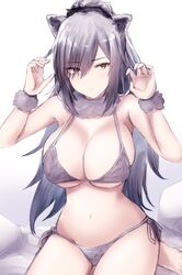  animal_ears arknights bad_id bad_pixiv_id bare_arms bare_shoulders bra breasts cat_ears claw_pose commentary_request female grey_bra grey_hair grey_panties hands_up highres kousi_sirazawa large_breasts long_hair looking_at_viewer navel panties schwarz_(arknights) side-tie_panties sitting solo stomach underwear underwear_only wrist_cuffs yellow_eyes 