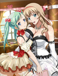  2girls :d aqua_hair arm_around_waist asymmetrical_docking blue_eyes bow breast_press breasts choker cleavage closed_mouth collarbone cowboy_shot detached_sleeves dress green_eyes grey_dress hair_bobbles hair_ornament hairband heart ikkitousen large_breasts layered_dress light_brown_hair long_hair long_sleeves miniskirt multiple_girls open_mouth red_bow red_choker red_hairband shokatsuryou_koumei short_dress short_sleeves skirt skirt_set smile sonken_chuubou strapless twintails white_skirt white_sleeves yuri 