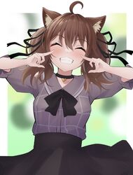  ^_^ absurdres ahoge animal_ear_fluff animal_ears black_bow black_choker black_ribbon black_skirt blurry blurry_background blush bow breasts brown_hair cat_ears choker closed_eyes collared_shirt commentary depth_of_field facing_viewer female grey_shirt grin hair_ribbon hands_up highres hololive natsuiro_matsuri natsuiro_matsuri_(casual) official_alternate_costume puffy_short_sleeves puffy_sleeves ribbon rururaroru shirt short_sleeves skirt small_breasts smile solo twintails virtual_youtuber 