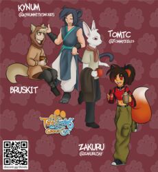  2021 absurd_res anthro biped bottle bruskit_(bruskit) canid canine closed_eyes container cup dialogue dr_rabbit_(tomtc) fan_character female fox group hi_res holding_bottle holding_container holding_cup holding_mug holding_object human hybrid jaya_(zakurujay) kynum_(kynum) lagomorph leporid male mammal mug qr_code rabbit red_fox sitting standing true_fox twokinds unknown_artist 