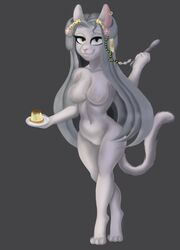  absurd_res anthro breasts dessert domestic_cat ear_piercing ear_ring featureless_breasts featureless_crotch felid feline felis female food fur hi_res lena_(wenqu0304) mammal nude piercing plate pudding ring_piercing simple_background solo wenqu0304 white_body white_fur 