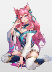  ahri_(league_of_legends) animal_ears bare_shoulders bell blue_eyes breasts chibi_vanille cleavage detached_collar female fox_ears gold_trim hair_ribbon hand_up highres japanese_clothes jingle_bell kimono large_breasts league_of_legends long_hair long_sleeves looking_at_viewer obi parted_lips photoshop_(medium) pink_hair ribbon sash short_kimono simple_background sitting solo spirit_blossom_(league_of_legends) spirit_blossom_ahri thighhighs white_background white_kimono white_thighhighs wide_sleeves zettai_ryouiki 