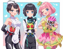  3girls android animification black_eyes black_hair blue_eyes character_doll chibi elbow_gloves gloves highres holding holding_toy humagear_headphones is_(kamen_rider_01) kamen_rider kamen_rider_01_(series) kamen_rider_den-o kamen_rider_den-o_(series) kamen_rider_ex-aid kamen_rider_ex-aid_(series) kamen_rider_zero-one multicolored_hair multiple_girls naomi_(den-o) one_eye_closed pink_hair poppi_pipopapo shinonoko_(tubamecider) short_hair streaked_hair stuffed_toy toy 