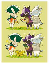  animal_crossing blush_stickers book border bow calyrex clapping closed_eyes closed_mouth commentary floral_print flower glastrier golden_rose grass grey_sweater highres holding holding_book no_humans open_mouth parody pokemon pokemon_(creature) pouring purple_shirt rose shirt shrimposaurus smile sound_effects spectrier standing star_(symbol) sweater watering watering_can white_border yellow_flower 