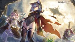  3girls akaza animal_ears bag bird cape cat_ears cetess commentary_request company_name copyright_name dress floating_island green_eyes grey_hair highres hooded_leotard leotard logo multiple_girls nemesi official_art pink_eyes pink_hair primula_(revived_witch) red_hair revived_witch satchel short_hair standing sunlight sword thighhighs torn_cape torn_clothes torn_thighhighs weapon 