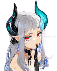  absurdres aqua_horns black_choker black_gloves black_ribbon blue_hair choker collarbone dripping female gloves grey_hair highres horns long_hair multicolored_hair neck_ribbon original pointy_ears portrait red_eyes ribbon simple_background solo transparent twitter_username type-alpha water water_drop wet white_background 