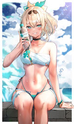  absurdres adapted_costume aqua_eyes bikini black_choker blonde_hair bottle breasts chest_sarashi choker denim denim_shorts female fingernails highres holding holding_bottle hololive i_lohas kazama_iroha kazama_iroha_(1st_costume) medium_breasts name_connection navel ponytail product_placement raag_jp sarashi shorts sitting smile solo swimsuit virtual_youtuber water_bottle wristband 