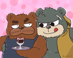  2022 5:4 anthro apron bear blush bow_tie brew_(kumalino) brown_body clothing duo gensuke hat headgear headwear kemono kumalino male male/male mammal roast_(kumalino) sanrio scar slightly_chubby tongue tongue_out 