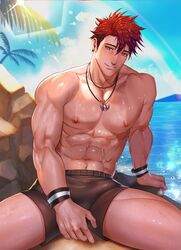  1boy abs absurdres arkapami bara black_male_swimwear blush cloud day highres jewelry kibera_(king&#039;s_raid) king&#039;s_raid korean_commentary large_pectorals looking_at_viewer male_focus male_swimwear muscular muscular_male navel necklace nipples outdoors pectorals purple_eyes red_hair short_hair sideburns sitting sky smile solo topless_male wristband 