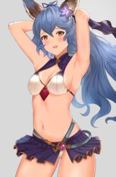  animal_ears aqua_(popogori) armpits arms_up bare_arms bare_shoulders bikini black_ribbon blue_hair blush breasts brown_eyes cleavage cleavage_cutout clothing_cutout commentary_request cowboy_shot erune female ferry_(granblue_fantasy) ferry_(summer)_(granblue_fantasy) flower granblue_fantasy grey_background hair_flower hair_ornament hair_ribbon long_hair looking_at_viewer medium_breasts miniskirt navel official_alternate_costume open_mouth pleated_skirt ponytail purple_flower purple_skirt ribbon side_slit simple_background skirt solo stomach swimsuit very_long_hair white_bikini 