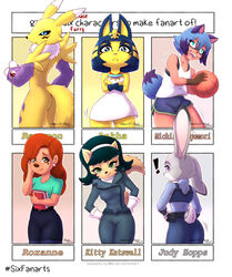  2022 animal_crossing ankha_(animal_crossing) anthro ass bandai_namco black_hair blue_body blue_fur blue_hair brand_new_animal butt_pose canid canine canis clothing digimon digimon_(species) dipstick_tail disney domestic_cat domestic_dog dress ear_piercing english_text exclamation_point facial_markings felid feline felis female fur gloves_(marking) goof_troop grey_body grey_fur group hair head_markings hi_res holding_basketball judy_hopps kitty_katswell lagomorph leporid looking_at_viewer looking_back looking_back_at_viewer looking_up mammal markings mask_(marking) meme michiru_kagemori multiple_images nickelodeon nintendo piercing pose rabbit raccoon_dog red_hair renamon roxanne_(goof_troop) scut_tail shirt short_tail six_fanarts_challenge smile stefano_d&#039;angelo studio_trigger t.u.f.f._puppy tail tail_markings tank_top tanuki text topwear white_clothing white_dress white_shirt white_tank_top white_topwear yellow_body yellow_fur zootopia 