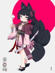  absurdres animal_ear_fluff animal_ears black_footwear black_hair black_shorts blue_eyes blunt_bangs blush bow brown_bow commentary_request female fox_ears fox_girl fox_tail full_body grey_background hairbow hand_up highres holding holding_sheath japanese_clothes kasumi_(kuro_kosyou) katana kimono kitsune kuro_kosyou long_hair long_sleeves looking_at_viewer obi open_clothes original parted_lips pink_kimono purple_background sandals sash sheath sheathed shikigami short_eyebrows short_shorts shorts solo standing sword tail thick_eyebrows two-tone_background very_long_hair weapon wide_sleeves zouri 