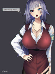  absurdres armband blue_eyes breasts cleavage collared_shirt dress english_text female grey_background hand_on_own_hip highres jewelry keto_(funrei_doryoku) large_breasts long_hair necklace open_mouth original partially_unbuttoned purple_hair red_dress shirt solo white_shirt 