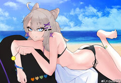  aa-12_(girls&#039;_frontline) aa-12_(smokeless_lollipop)_(girls&#039;_frontline) ahoge ass bags_under_eyes bandaid bandaid_on_leg barefoot beach bikini black_bikini blue_eyes bracelet brown_hair candy cloud cloudy_sky cone_hair_bun earrings eyeshadow female food foot_up girls&#039;_frontline hair_bun hair_ornament hairclip highres holding holding_candy holding_food holding_lollipop jewelry lollipop looking_at_viewer lying makeup on_stomach outdoors side-tie_bikini_bottom sky smile solo star_(symbol) star_earrings swimsuit the_pose toes twitter_username wuwuwu_(kriswu555) 