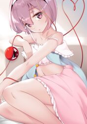  absurdres black_hairband blue_shirt bra closed_mouth commentary female hairband heart heart_of_string highres komeiji_satori looking_at_viewer mantou_xiang navel open_clothes open_shirt pink_eyes pink_hair pink_skirt shirt short_hair sitting skirt solo third_eye touhou underwear white_bra 