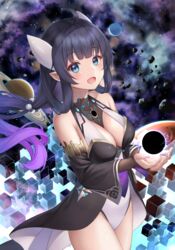  :d ahoge asteroid bare_shoulders black_hair black_hole black_sleeves blue_eyes breasts bridal_gauntlets cleavage commentary_request cube detached_sleeves female gradient_hair highres leotard long_hair long_sleeves looking_at_viewer medium_breasts multicolored_hair original partial_commentary planet pointy_ears purple_hair smile solo space very_long_hair white_leotard wide_sleeves yuririn_poi 