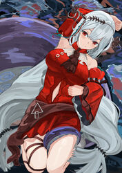  absurdres arknights armpit_cutout armpits breasts chinese_commentary closed_mouth clothing_cutout commentary_request dress female highres large_breasts long_hair looking_at_viewer lyib md5_mismatch navel red_eyes red_skirt self-upload skadi_(arknights) skadi_the_corrupting_heart_(arknights) skirt solo tentacle very_long_hair white_hair 