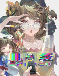  aged_down alternate_costume alternate_hairstyle animal_ears breasts brown_hair controller female futatsuiwa_mamizou futatsuiwa_mamizou_(human) hair_between_eyes hand_on_own_head hat highres holding holding_remote_control leaf leaf_on_head looking_afar looking_to_the_side medium_breasts multiple_views open_mouth raccoon_ears reeh_(yukuri130) remote_control short_hair smile standing test_card touhou upper_body wavy_hair white_background 