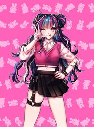  alternate_hairstyle animal_print black_hair black_nails blue_hair blush breasts commentary crop_top cropped_vest danganronpa_(series) danganronpa_2:_goodbye_despair double_bun ear_piercing female gwanlamcha hair_bun hand_on_own_hip highres jewelry long_hair looking_at_viewer medium_breasts mioda_ibuki multicolored_hair multicolored_nails nail_polish o-ring one_eye_closed piercing pink_background pink_eyes pink_hair pink_nails pink_vest pleated_skirt rabbit_print shiny_skin shirt skindentation skirt solo symbol-only_commentary thigh_strap tongue tongue_out v vest w wavy_hair white_hair 