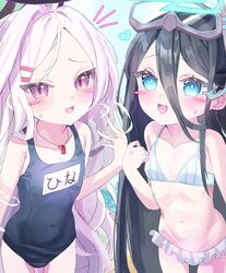  2girls :d :o absurdres alternate_costume aris_(blue_archive) bare_shoulders beach bikini black_hair black_halo black_horns blue_archive blue_bikini blue_eyes blue_halo blue_one-piece_swimsuit blue_sky blush blush_stickers bright_pupils character_name clenched_hand collarbone colored_eyelashes commentary covered_navel cowboy_shot day demon_horns diving_mask diving_mask_on_head double-parted_bangs embarrassed english_commentary flat_chest forehead frilled_bikini frills furrowed_brow goggles goggles_on_head groin hair_between_eyes hair_ornament hairclip halo hand_up heart heart_in_mouth highres hina_(blue_archive) hina_(swimsuit)_(blue_archive) horns long_hair looking_at_viewer multiple_girls name_tag navel notice_lines ocean official_alternate_costume old_school_swimsuit one-piece_swimsuit open_mouth outdoors parted_bangs purple_eyes ringed_eyes school_swimsuit side-by-side sky slit_pupils smile snorkel spoken_heart standing straight_hair striped striped_bikini sweat sweatdrop swimsuit teeth upper_teeth_only vertical-striped_bikini vertical_stripes very_long_hair wavy_hair wellski whistle whistle_around_neck white_bikini white_hair 