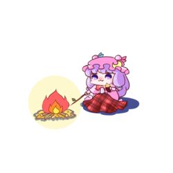  :3 ajitsuki blanket blush bow bowtie campfire chibi commentary_request crescent crescent_hat_ornament double_bun dress eating female fire food hair_bun hat hat_ornament holding holding_food holding_stick leaf mob_cap patchouli_knowledge pink_dress pink_hat plaid_blanket purple_eyes purple_hair red_bow red_bowtie roasted_sweet_potato simple_background sitting solo stick striped_clothes striped_dress sweet_potato touhou twig vertical-striped_clothes vertical-striped_dress white_background 