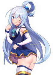  ;q aqua_(konosuba) ass blue_eyes blue_footwear blue_hair blue_skirt blue_vest blush boots clothes_lift cowboy_shot detached_sleeves female finger_to_mouth floating_hair from_side hair_ornament highres index_finger_raised kono_subarashii_sekai_ni_shukufuku_wo! layered_skirt lifting_own_clothes long_hair long_sleeves looking_at_viewer miniskirt no_panties one_eye_closed sasha_chii single_hair_ring skirt skirt_lift solo standing thigh_boots thighhighs tongue tongue_out twitter_username very_long_hair vest watermark white_background white_sleeves white_thighhighs 