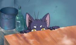  2016 5:3 anthro bodily_fluids domestic_cat felid feline felis ghibli hi_res kiki&#039;s_delivery_service male mammal morenatsu parody retro_anime_style screencap shin_(morenatsu) shirako solo spying style_emulation sweat 