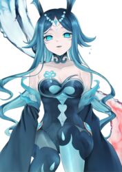  absurdres bare_shoulders blue_eyes blue_hair bonanus_(genshin_impact) breasts cleavage detached_sleeves facial_mark female forehead_jewel genshin_impact highres horns long_hair long_sleeves parted_bangs solo wide_sleeves yonchome 