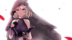  azur_lane bare_shoulders black_dress black_gloves blue_eyes bow bridal_veil collarbone commentary_request cross detached_sleeves dress female frilled_dress frills gloves grey_hair hair_ribbon hairbow highres iron_cross jewelry looking_at_viewer mary_fate necklace official_alternate_costume petals ribbon ring shade short_hair simple_background smile solo turtleneck turtleneck_dress upper_body veil wedding_dress wedding_ring white_background wind z23_(azur_lane) z23_(schwarze_hochzeit)_(azur_lane) 