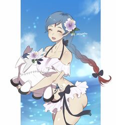  alternate_costume ass bikini blue_hair closed_eyes corrin_(female)_(fire_emblem) corrin_(female)_(fire_emblem)_(cosplay) corrin_(female)_(summer)_(fire_emblem) corrin_(fire_emblem) cosplay female fire_emblem fire_emblem_fates flower hair_flower hair_ornament highres karashino lilith_(fire_emblem) multicolored_hair open_mouth red_hair swimsuit two-tone_hair white_bikini 