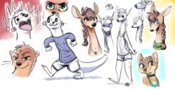  2020 anthro barefoot bottomwear braided_hair brown_body brown_fur brown_hair canid canine cheek_tuft chest_tuft choker clothed clothing cutoffs deer denim denim_bottomwear denim_clothing ear_piercing ear_stud english_text facial_tuft feet female fox fuel_(artist) fur hair half-closed_eyes head_tuft hi_res jewelry looking_at_viewer male mammal markings mustelid narrowed_eyes neck_tuft necklace oliver_(fuel) open_mouth otter piercing screaming shirt shorts simple_background sketch_page solo spots spotted_body spotted_fur standing swift_fox tan_body tan_fur tank_top taylor_(fuel) text text_on_clothing text_on_shirt text_on_topwear topwear true_fox tuft walking whiskers white_background 