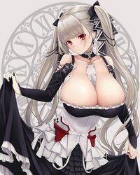  absurdres azur_lane black_nails blunt_bangs blush breasts cleavage closed_mouth collarbone commentary detached_collar detached_sleeves dress earrings female formidable_(azur_lane) grey_background grey_hair hair_ribbon highres jewelry large_breasts long_dress long_hair looking_at_viewer maid nail_polish nameko_houshi red_eyes ribbon skirt_hold solo twintails 