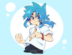  1boy artist_name bead_bracelet beads black_pants blue-haired_boy_(how_to_draw_manga) blue_background blue_eyes blue_hair blue_theme blush bracelet clenched_hand closed_mouth commentary cowboy_shot cropped_legs english_commentary hair_intakes hair_tie hands_up happy highres holding holding_pencil how_to_draw_manga how_to_draw_manga_redraw_challenge_(meme) jewelry long_hair looking_at_viewer low_ponytail male_focus meme pants pencil ponytail sami_briggs shirt short_sleeves sidelocks signature simple_background smile solo spiked_hair standing twitter_username two-tone_background white_shirt 