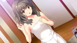  bare_arms brown_eyes collarbone dutch_angle female game_cg grey_hair hair_between_eyes indoors long_hair looking_at_viewer mizuno_sao naked_towel open_mouth sawayaka_samehada shouna_mitsuishi solo standing straight_hair suzumoto_chisa towel uchi_wa_mou_enki_dekinai. unasaka_ryou wet wet_hair wooden_floor 