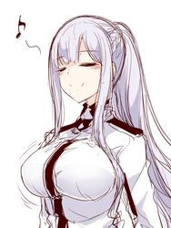  ak-12_(girls&#039;_frontline) blush braid breasts closed_eyes closed_mouth commentary_request female french_braid girls&#039;_frontline grey_hair high_collar high_ponytail highres hourai_kochou large_breasts long_hair musical_note shirt sidelocks smile solo standing white_background white_shirt 