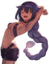  ;d armpits arms_behind_head arms_up bare_arms bare_shoulders black_choker black_hair black_shorts braid breasts choker cleavage cowboy_shot dark-skinned_female dark_skin fangs female floating_hair hair_flaps highres hopepe jahy jahy-sama_wa_kujikenai! long_hair looking_at_viewer midriff navel one_eye_closed orange_eyes pointy_ears revealing_clothes short_shorts shorts sidelocks simple_background single_braid small_breasts smile solo stomach tears very_long_hair white_background 