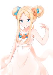  abigail_williams_(fate) absurdres bare_arms bare_shoulders blonde_hair blue_bow blue_eyes bow collarbone commentary double_bun dress fate/grand_order fate_(series) female forehead hair_bun hairbow hand_up highres long_hair orange_bow parted_bangs sidelocks simple_background sleeveless sleeveless_dress solo white_background yukaa 