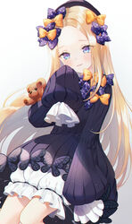  abigail_williams_(fate) bad_id bad_pixiv_id black_bow black_dress black_hat blonde_hair bloomers blue_eyes blush bow breasts dress fate/grand_order fate_(series) female forehead hairbow hat highres long_hair looking_at_viewer multiple_hair_bows orange_bow parted_bangs parted_lips photoshop_(medium) polka_dot polka_dot_bow ribbed_dress simple_background sleeves_past_fingers sleeves_past_wrists small_breasts smile solo stuffed_animal stuffed_toy teddy_bear underwear white_background white_bloomers yon_(tellmedoor) 