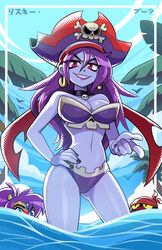  2girls bikini blue_skin breasts choker cleavage colored_skin earrings english_commentary hat headband highres hoop_earrings jewelry long_hair looking_at_another looking_at_viewer mike_luckas multiple_girls partially_submerged pirate pirate_hat ponytail purple_hair purple_lips red_eyes risky_boots shantae shantae_(series) swimsuit tinkerbat translation_request wading 