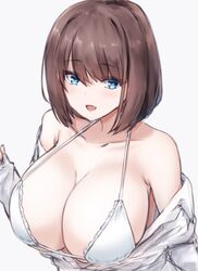  bad_id bad_pixiv_id bikini blue_eyes blush breasts brown_hair cleavage collarbone female highres huge_breasts kousi_sirazawa looking_at_viewer oerba_yun_fang off_shoulder open_mouth saki_(manga) shirt short_hair simple_background smile solo swimsuit unozawa_shiori white_background white_bikini white_shirt 