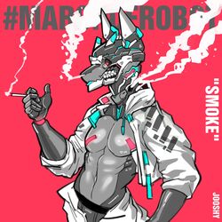  1:1 2019 absurd_res android anthro blue_tongue bottomwear canid canine cigarette clothing cybernetics english_text exposed_chest exposed_endoskeleton hi_res jacket jooshy machine male mammal pants red_background robot simple_background smoke smoke_from_nose smoking smoking_cigarette solo standing text tongue topwear 